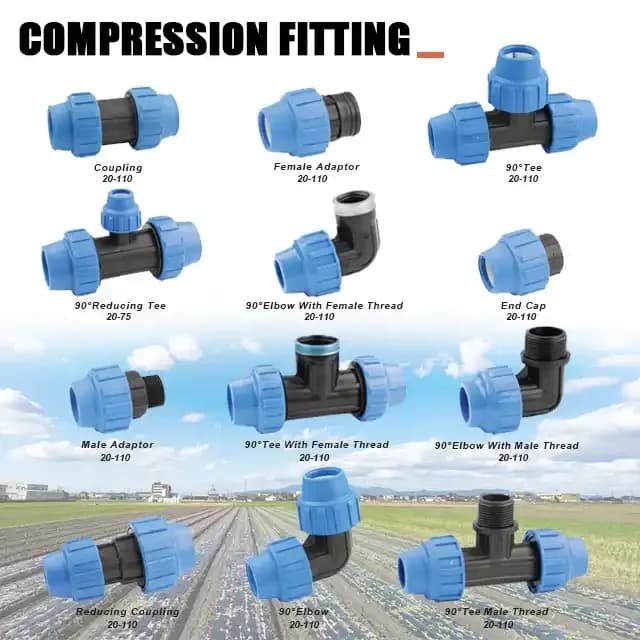 Accesorios de riego para invernaderos agrícolas: accesorio de compresión pp, conector de plástico para tubería de agua de polietileno y codo adaptador con rosca macho