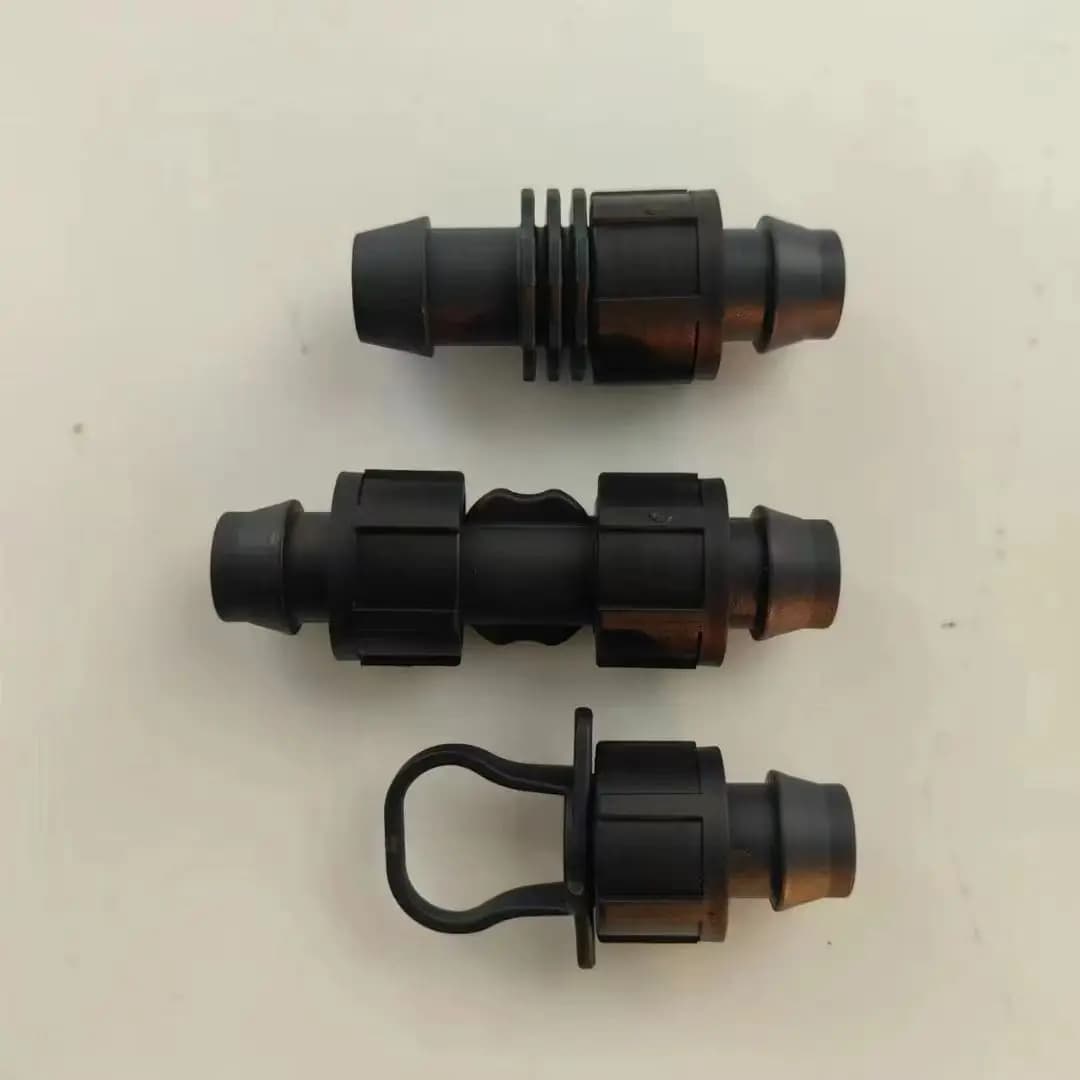 Conexões de irrigação agrícola e conector de acoplamento de fita gotejadora, conexão de tubo plástico para sistema rural automático