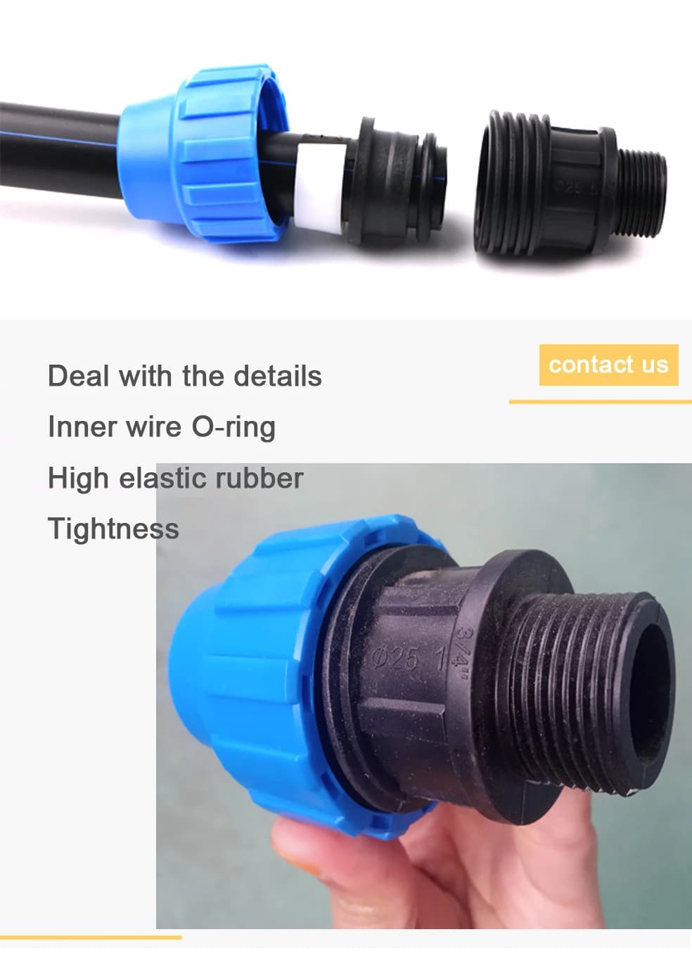 Accesorio rápido de compresión de plástico con rosca macho para tubería PP, suministro de agua y sistemas de riego por goteo