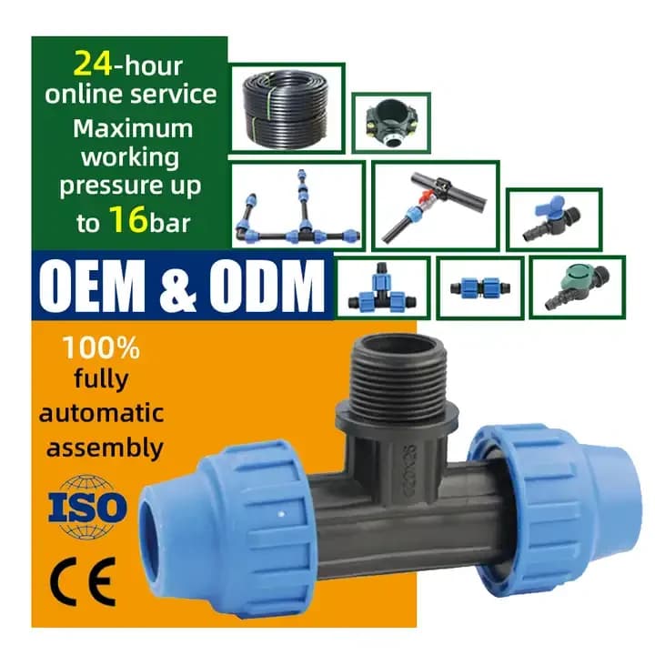 HDPE Rohre und Fittings im Großhandel, T-Stück mit Außengewinde 90 Grad und PP-Klemmfitting für automatische landwirtschaftliche Bewässerungssysteme