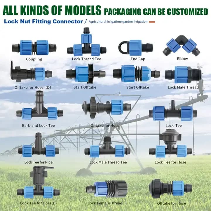 Conexões de irrigação agrícola e conector de acoplamento de fita gotejadora, conexão de tubo plástico para sistema rural automático
