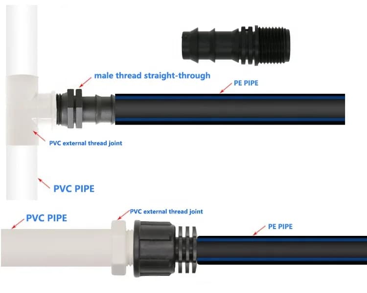 Adaptador com espigão e rosca fêmea para fita gotejadora, tubo e mangueira em sistema de irrigação agrícola