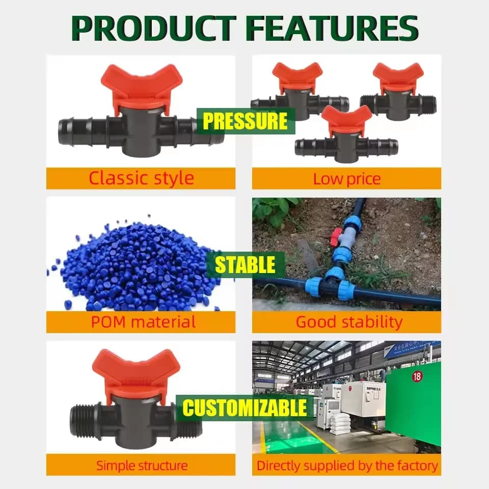שסתום יציאה מיני לבקרה עם הברגה מפלסטיק 16mm לסרט ולצינור במערכת השקיה בטפטוף בחווה