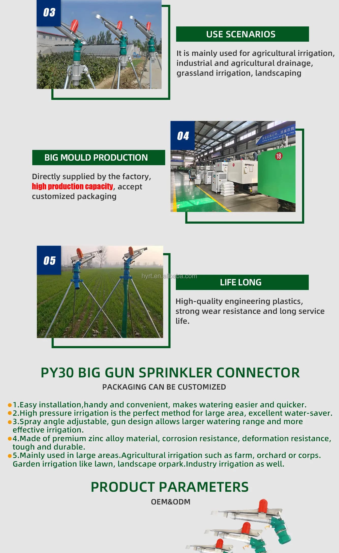 Cannone irrigatore grande a 360 gradi per irrigazione agricola, di serre e giardini, cannone irrigatore ad acqua 360 per impianti di irrigazione