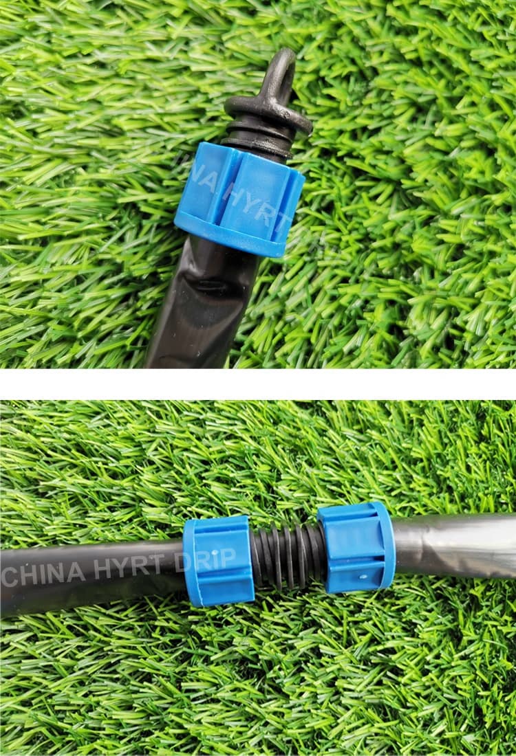 Raccordi per tubo di nastro gocciolante agricolo da 16mm, connettore con ghiera di bloccaggio e tappo terminale per impianto di irrigazione a goccia