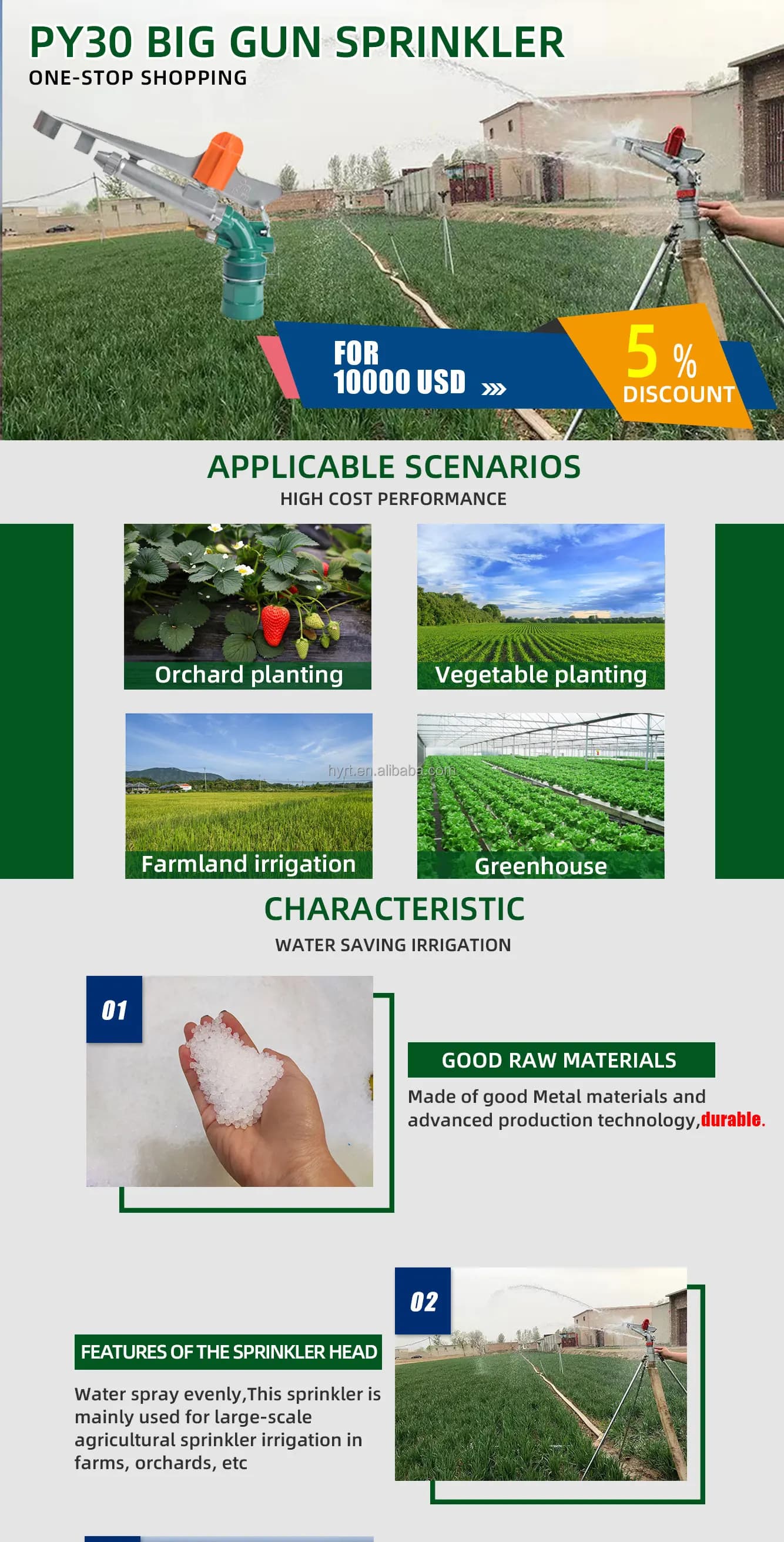 Cannone irrigatore grande a 360 gradi per irrigazione agricola, di serre e giardini, cannone irrigatore ad acqua 360 per impianti di irrigazione