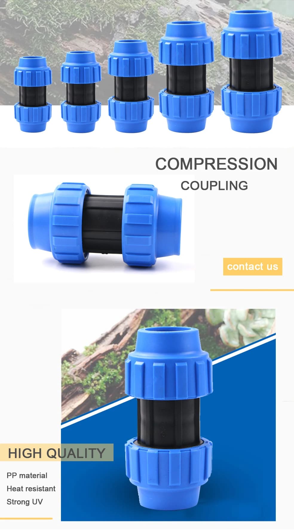 Kunststoff-Rohrfitting-Kupplungsverbinder und PP-Klemmfittings für HDPE/LDPE-Rohr zur landwirtschaftlichen Gartenbewässerung