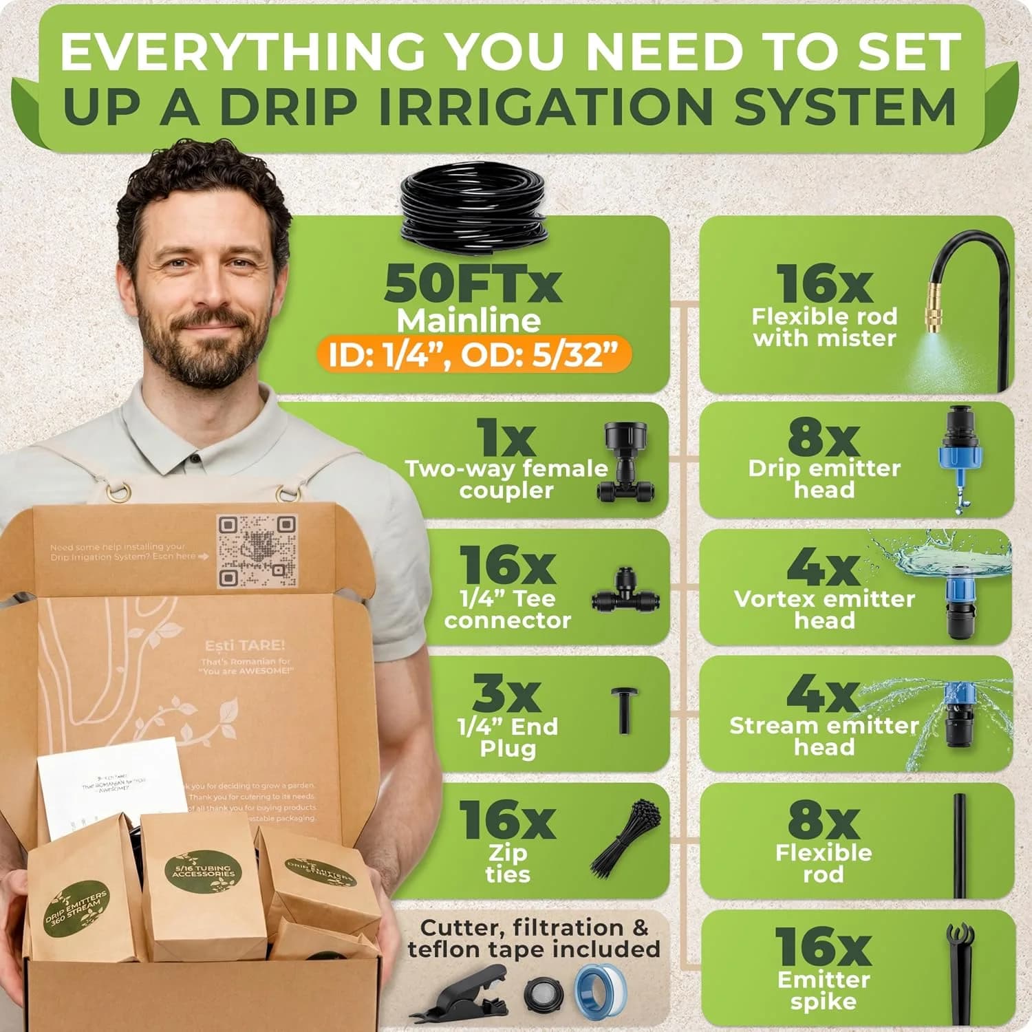 IrriNex 50 ft Drip Irrigation System Kit 16 Atomizing Nozzles + 16 Emitters + 50 feet option view 3