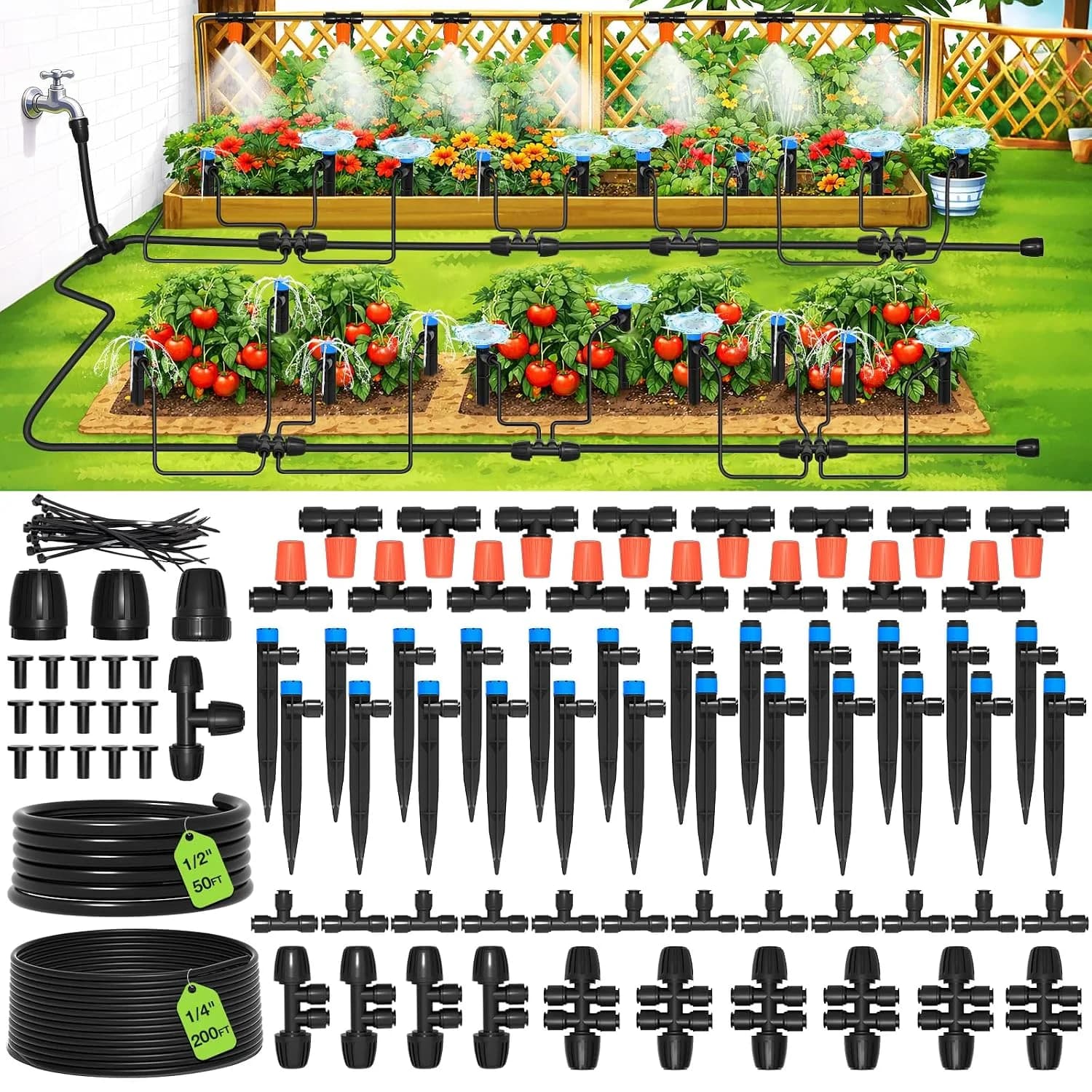 IrriNex 26 ft Drip Irrigation System Kit 50FT Main Tube+200FT 1/4'' Tube option view 1
