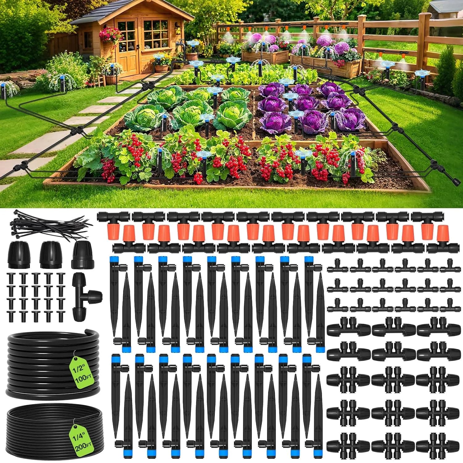 IrriNex 26 ft Drip Irrigation System Kit 100FT Main Tube+200FT 1/4'' Tube option view 1