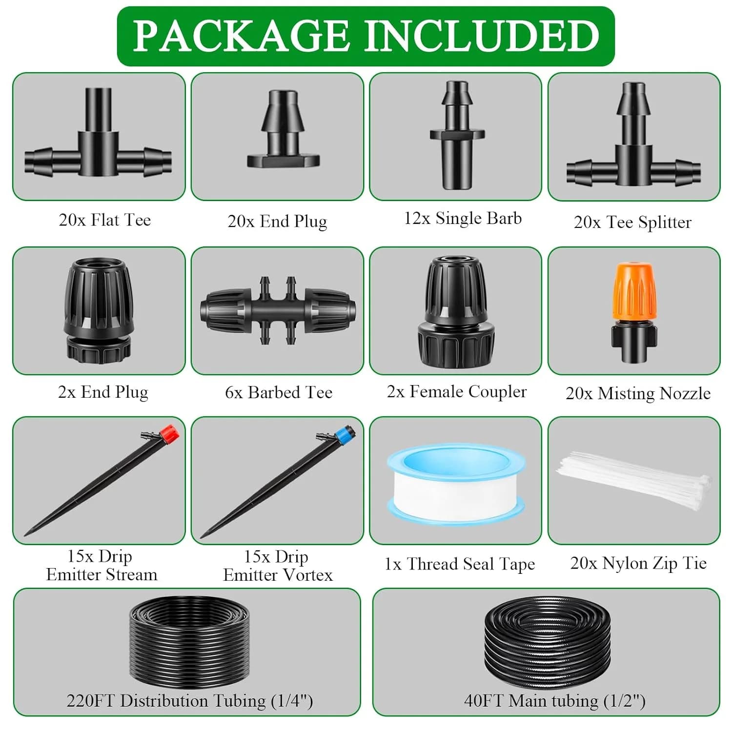 IrriNex 1/4-inch Barbed Irrigation Fittings Kit 260 FT (40FT Main tube+220FT Distribution tube)