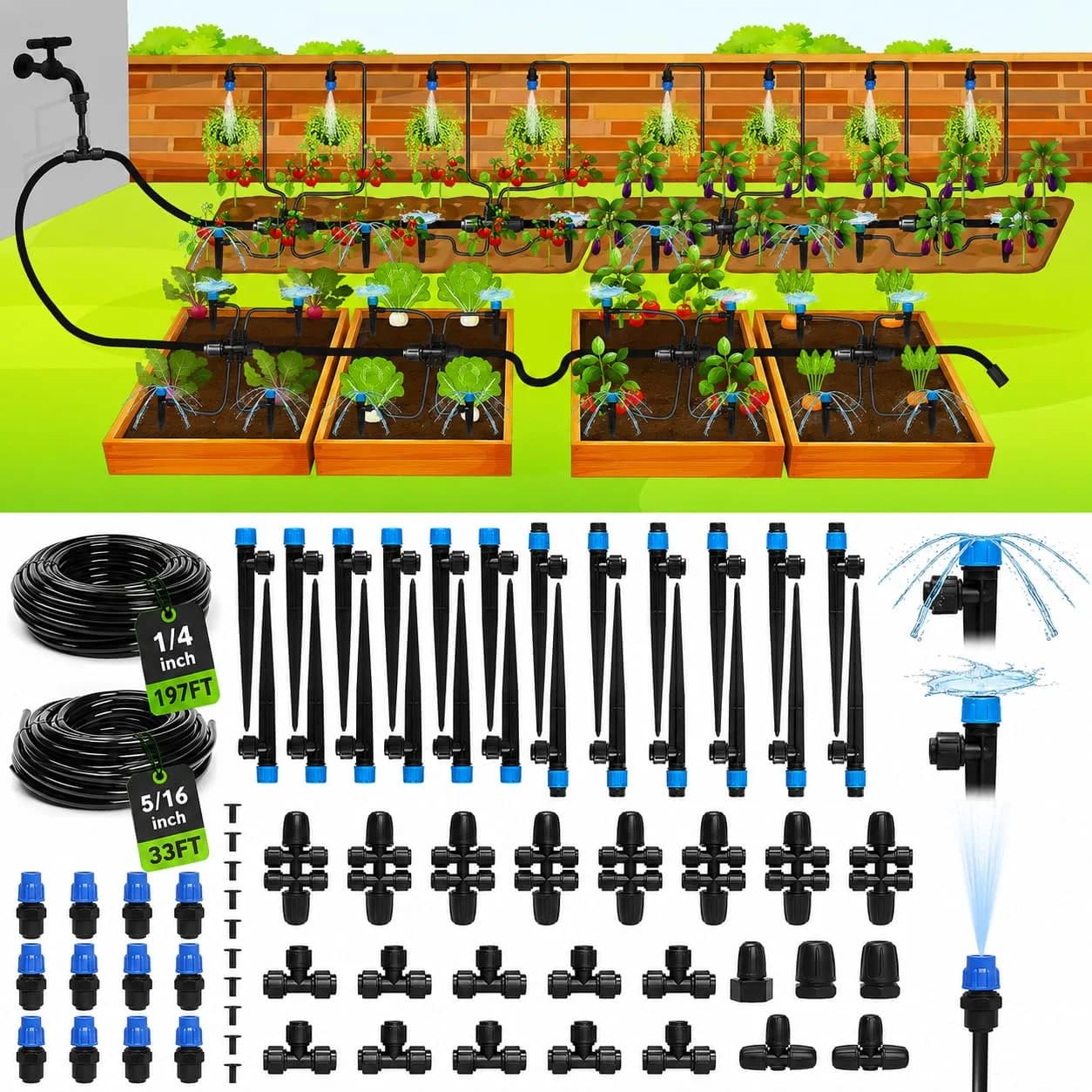 IrriNex 230 ft Quick-Connect Drip Irrigation System Kit with Water Timer