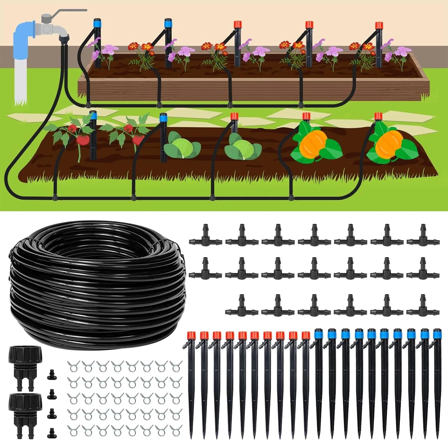 IrriNex 110 ft Drip Irrigation System Kit with 1/4-inch Tubing