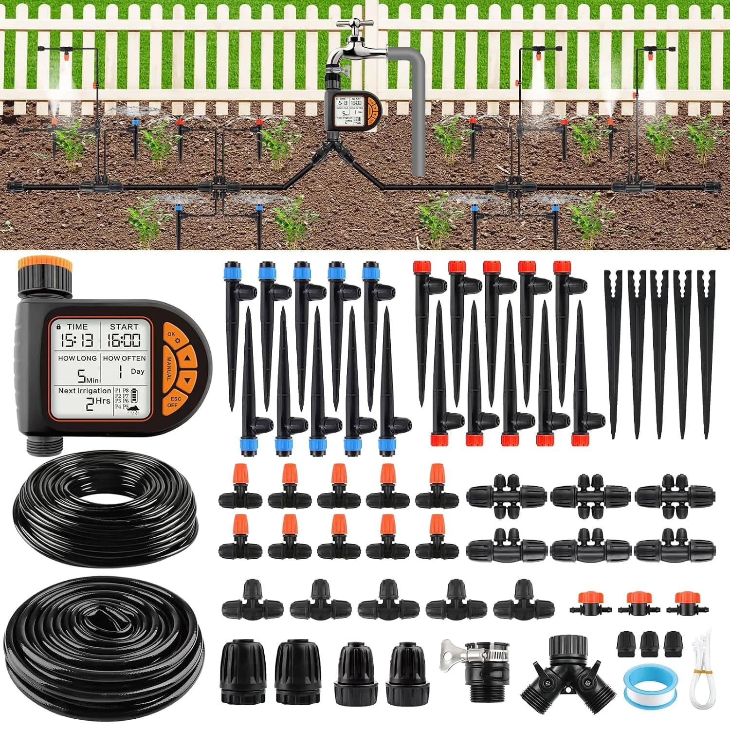 IrriNex 207 ft Drip Irrigation System Kit with Water Timer