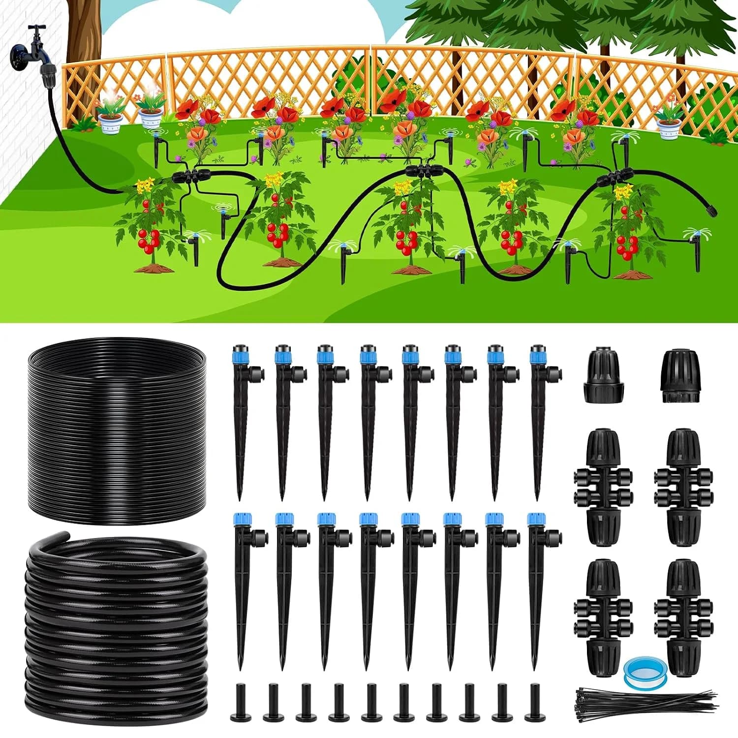 IrriNex 230 ft Garden Misting and Cooling Kit 23FT 1/2''Main tube+79FT 1/4'' tube option view 1