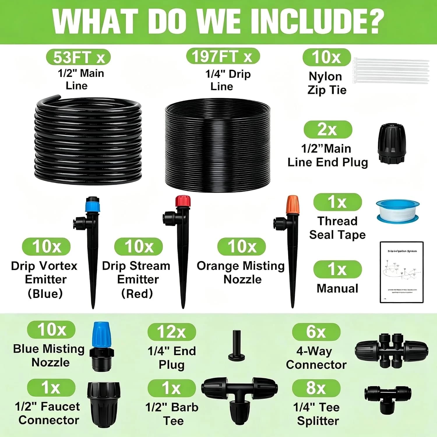 IrriNex 230 ft Drip Irrigation System Kit 53FT 1/2'' Main Line + 197FT 1/4'' Drip Line option view 2