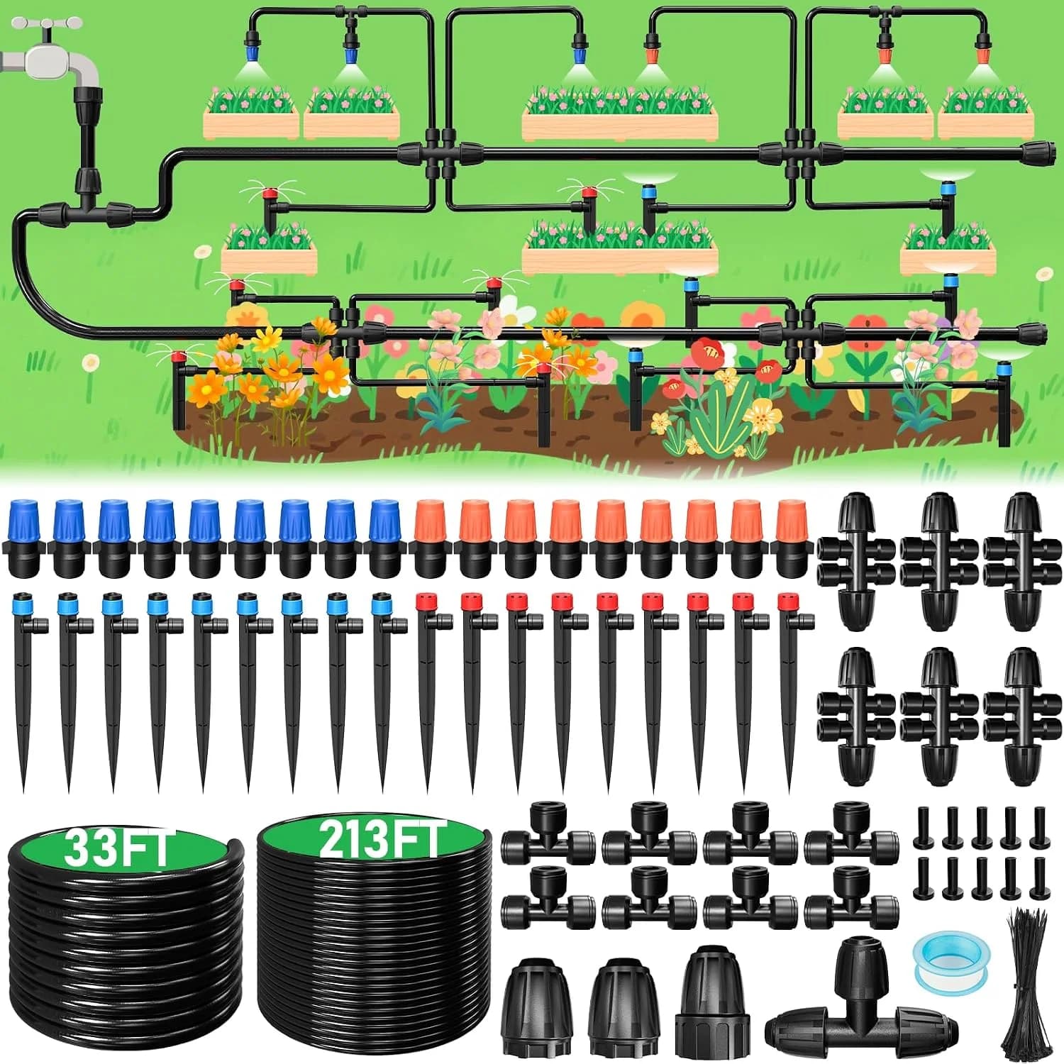 IrriNex 246 ft Drip Irrigation System Kit with 1/2-inch Tubing