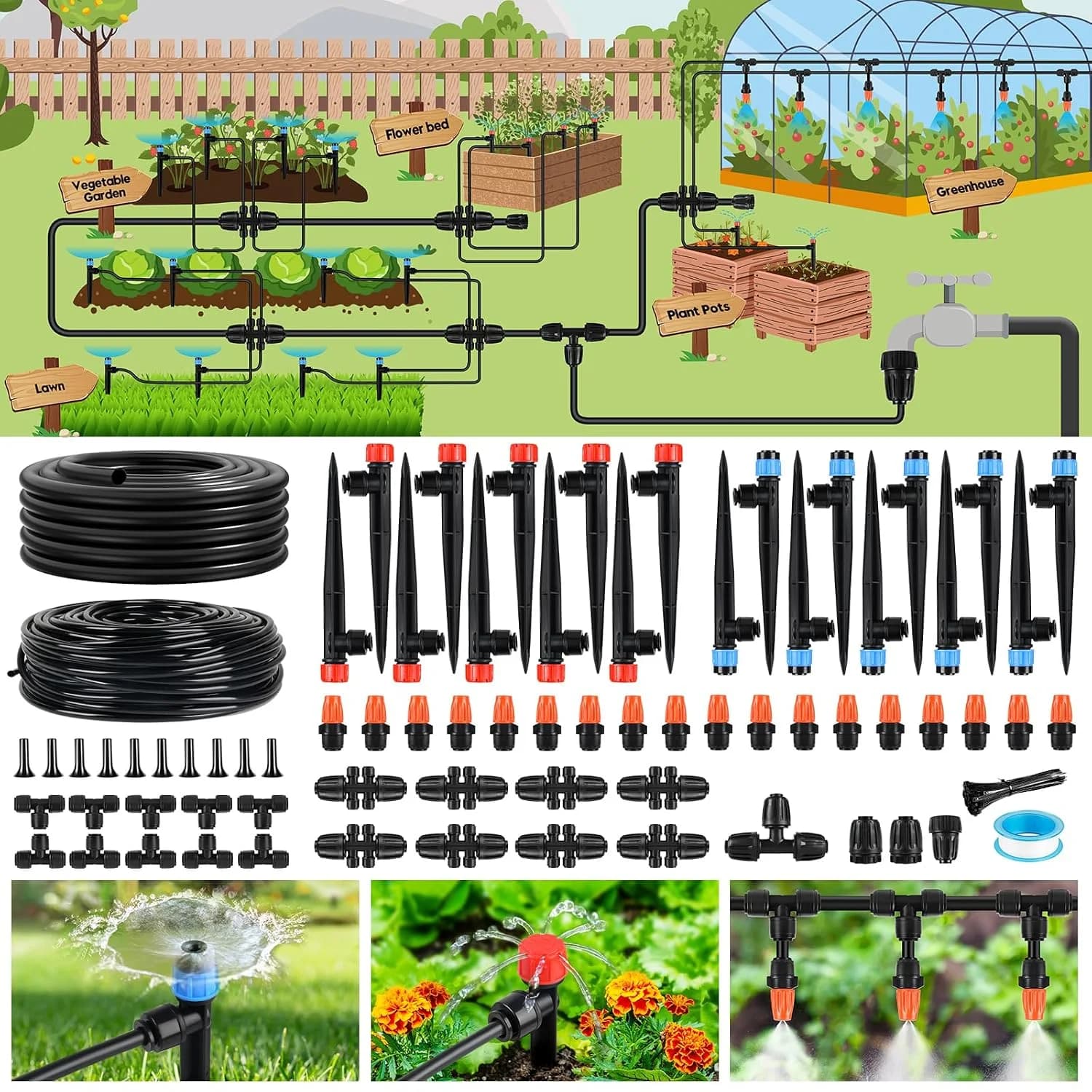 IrriNex 240 ft Quick-Connect Drip Irrigation System Kit with 1/2-inch Tubing