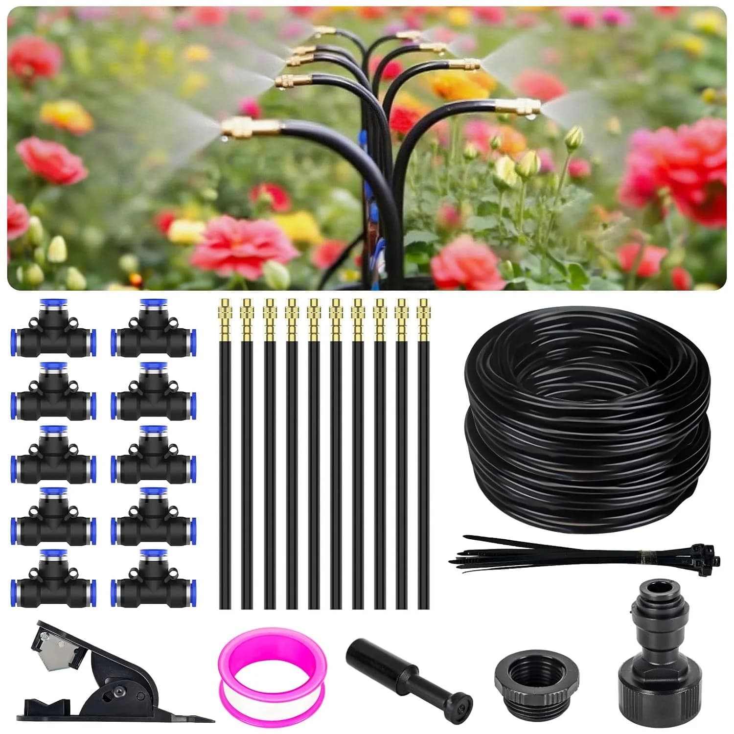 IrriNex 33 ft Quick-Connect Drip Irrigation System Kit with 10 Adjustable Nozzles