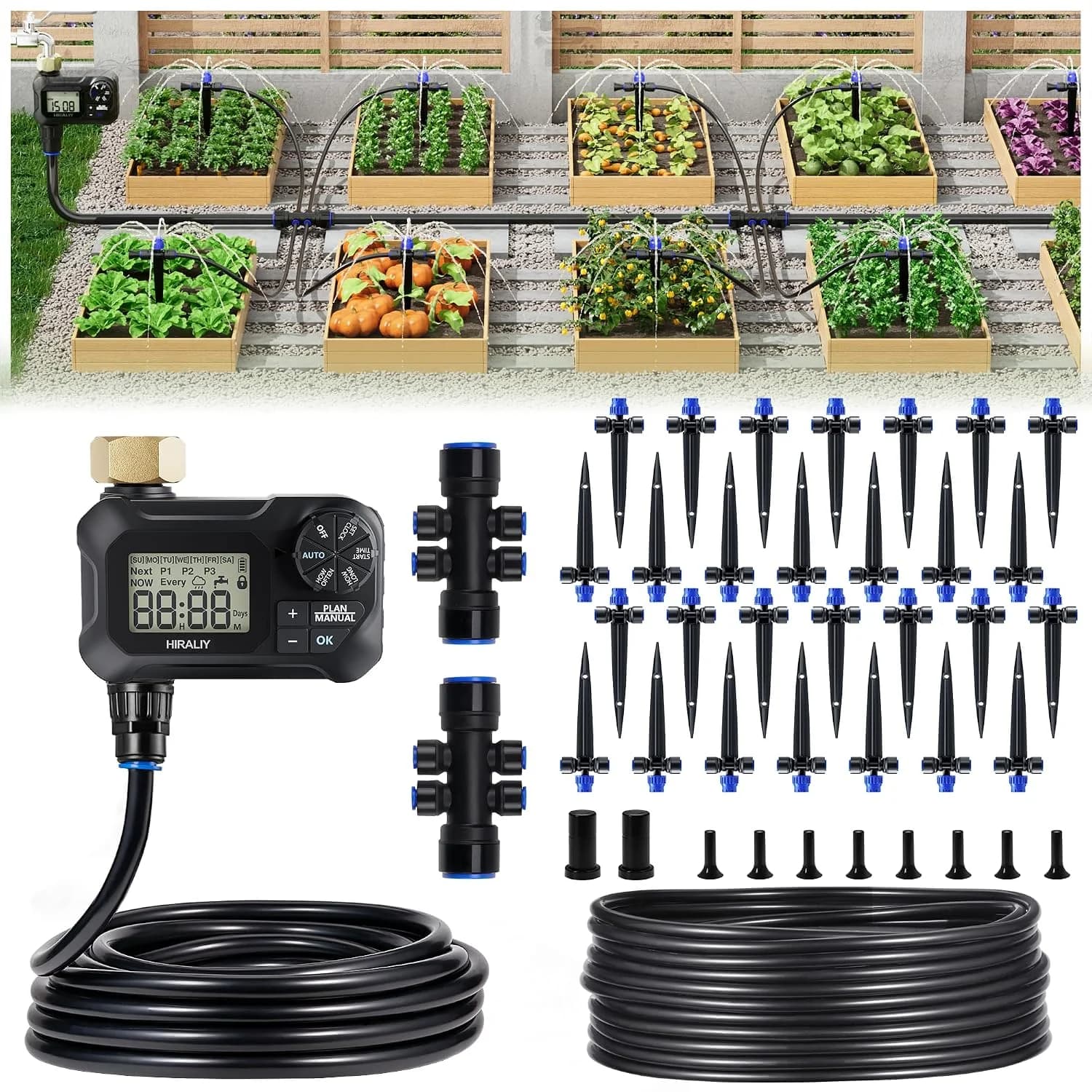 IrriNex 100 ft Quick-Connect Drip Irrigation System Kit with Water Timer