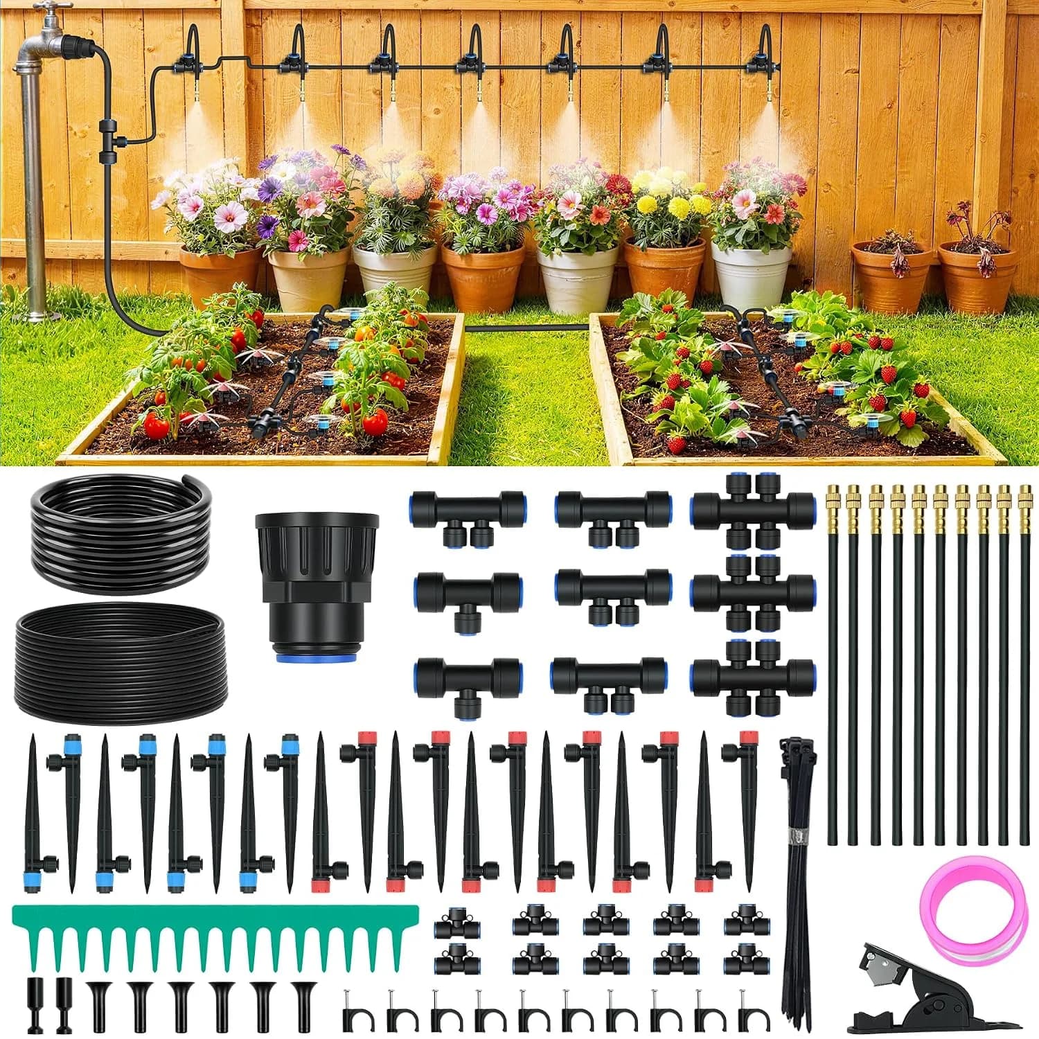 IrriNex 100 ft Quick-Connect Drip Irrigation System Kit with 30 Adjustable Emitters