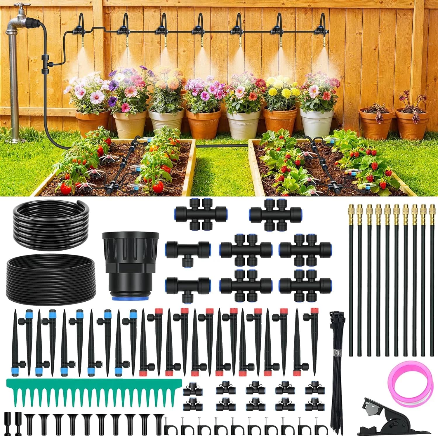 IrriNex 230 ft Quick-Connect Garden Misting Kit with 34 Adjustable Emitters