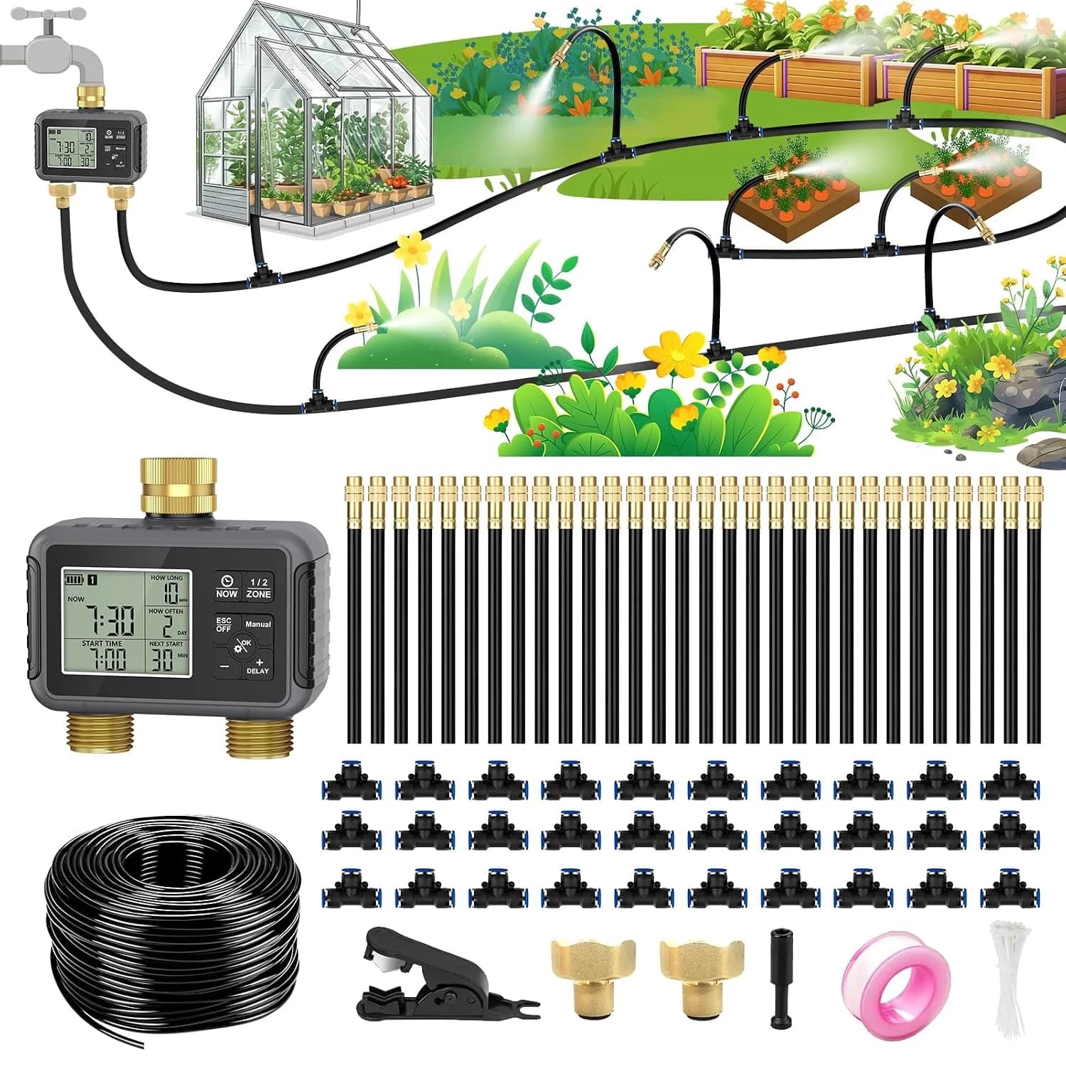 IrriNex 120 ft Drip Irrigation System Kit with Smart Timer