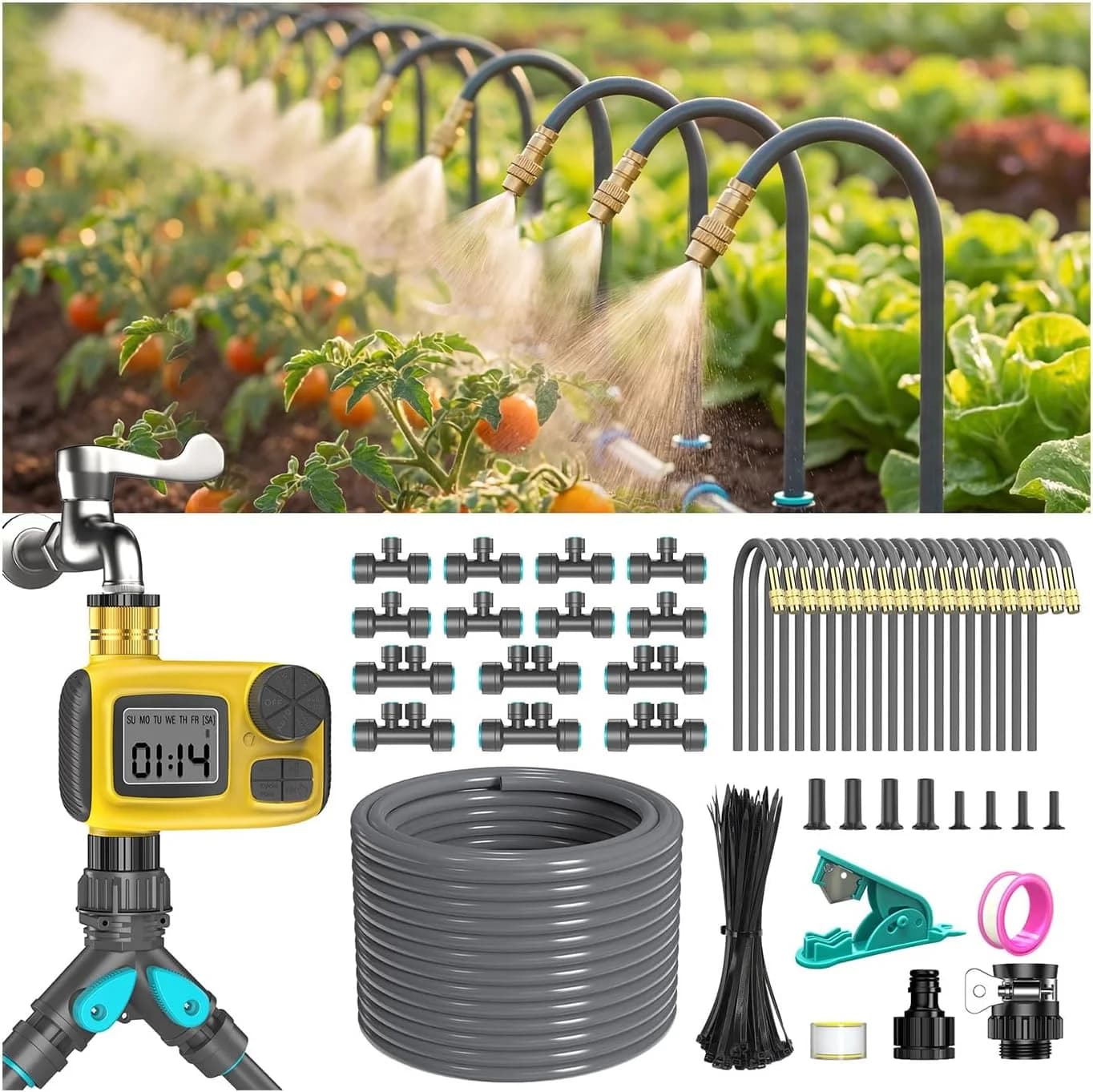 IrriNex 98 ft Quick-Connect Drip Irrigation System Kit with Water Timer