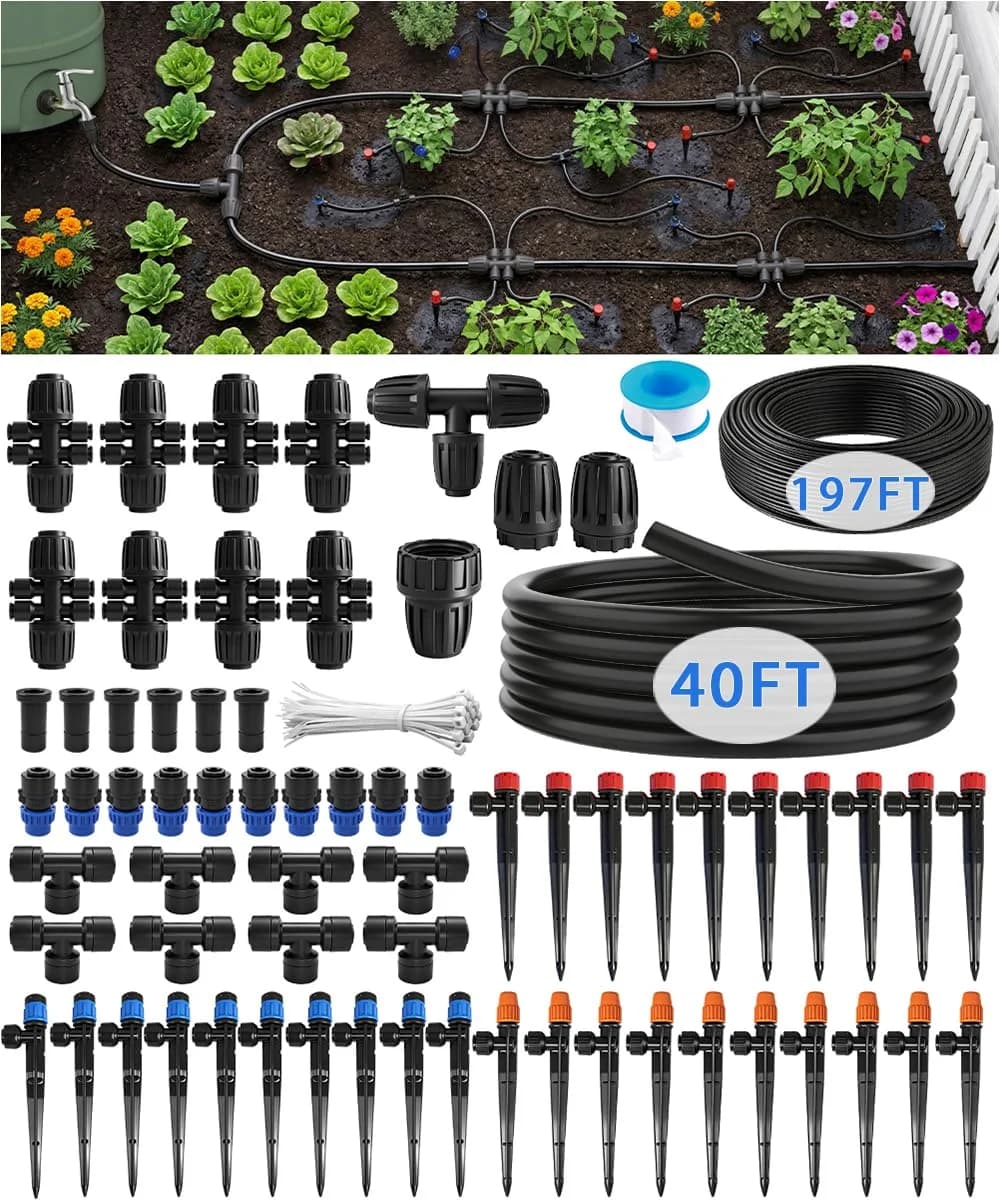 IrriNex 40 ft Quick-Connect Drip Irrigation System Kit with 4 Adjustable Nozzles