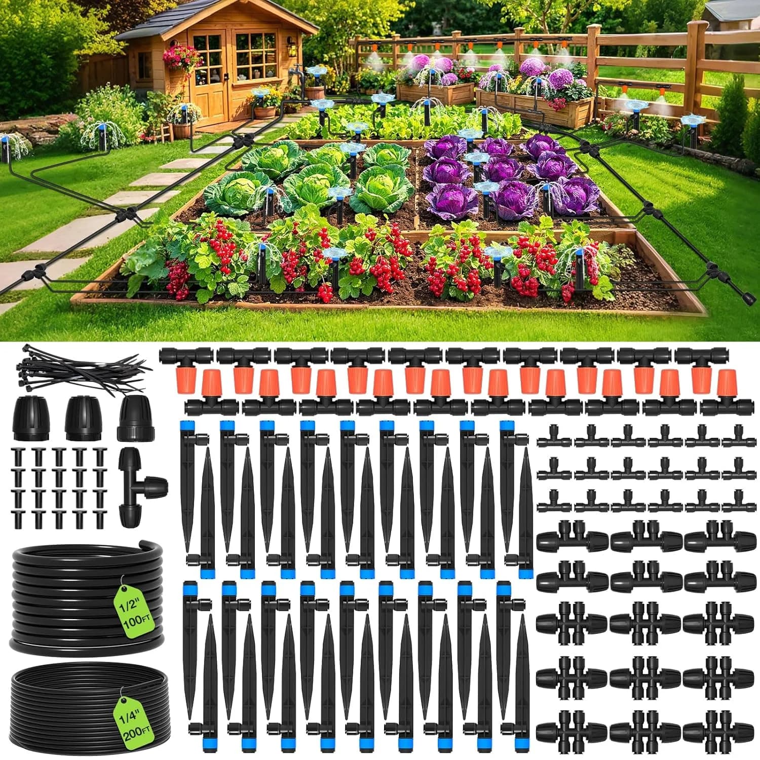 IrriNex 300 ft Quick-Connect Drip Irrigation System Kit with 1/2-inch Tubing