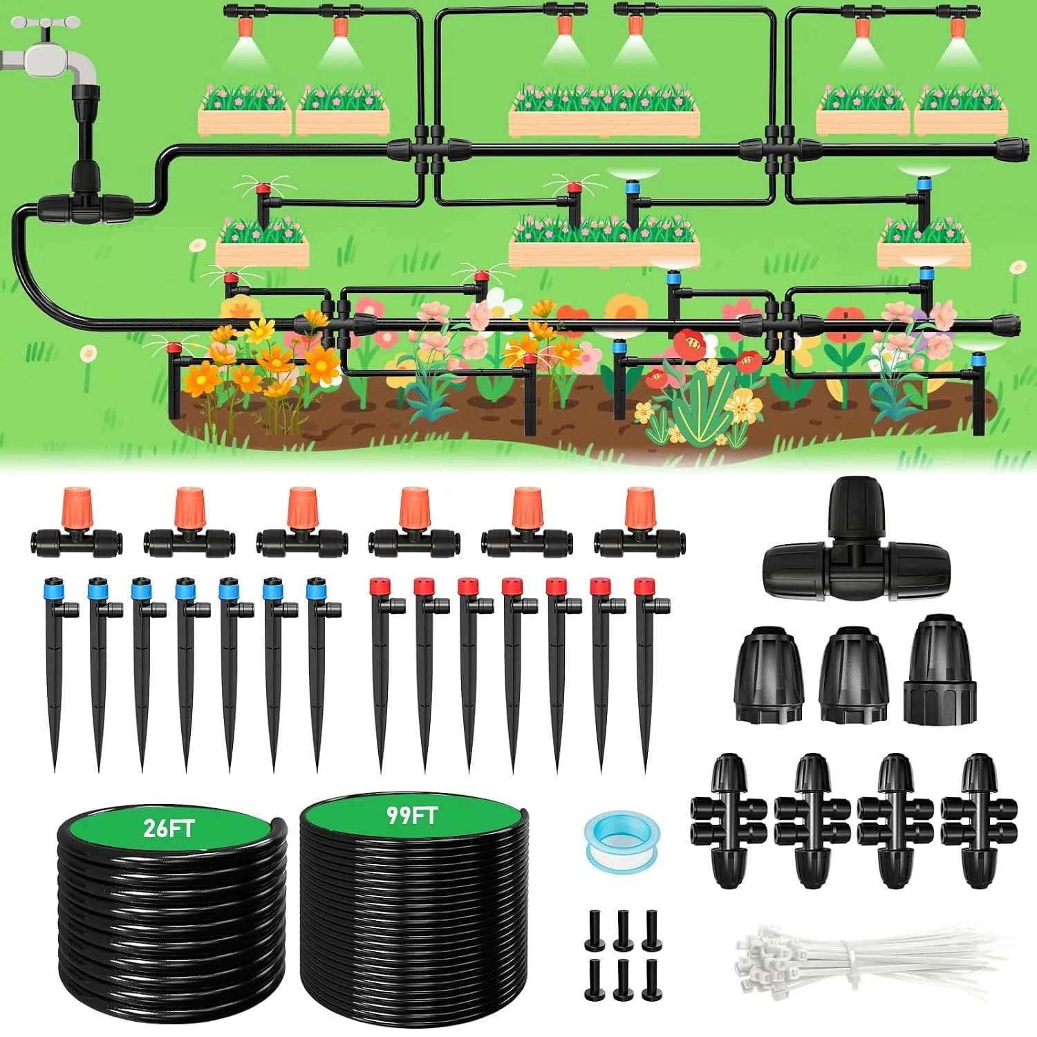 IrriNex 125 ft Drip Irrigation System Kit with 5/16-inch Tubing