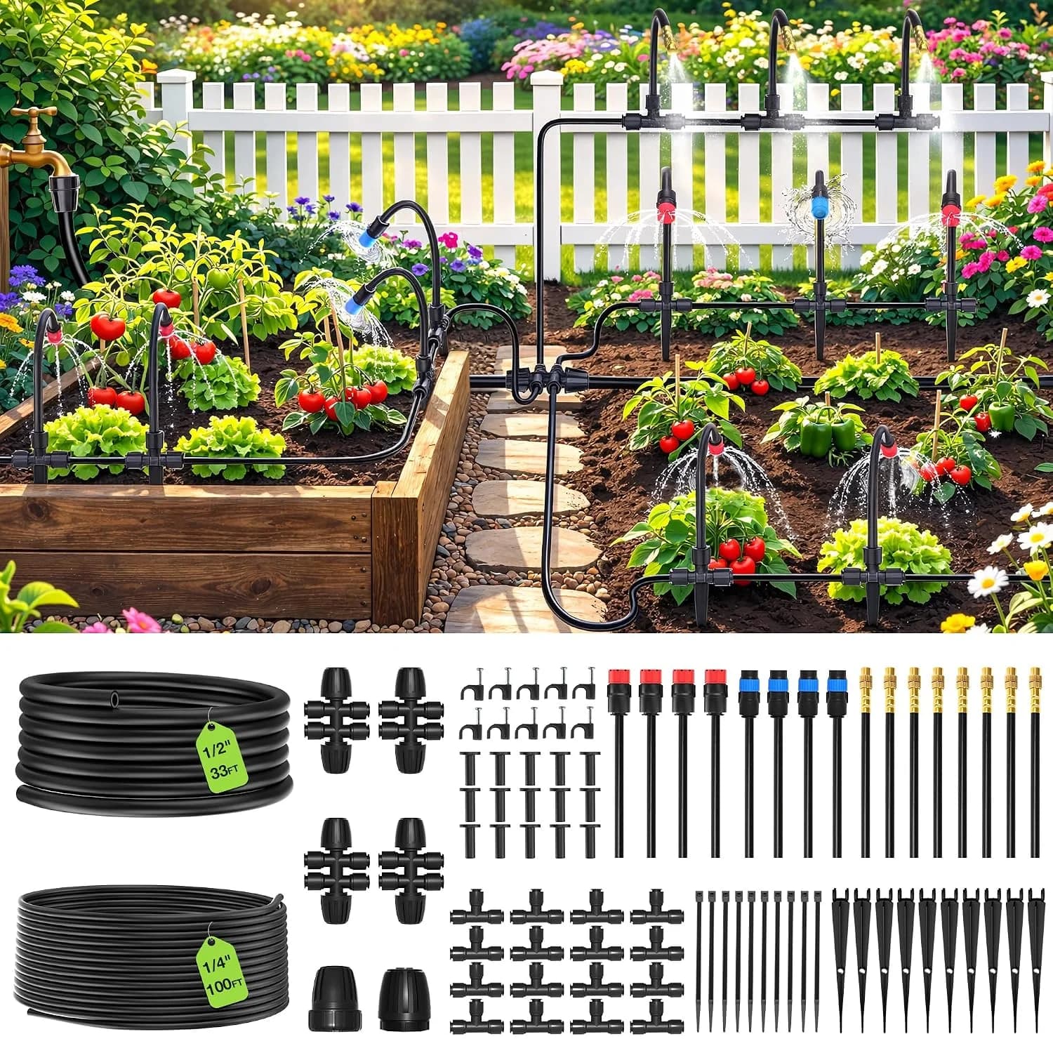 IrriNex 200 ft Garden Misting and Cooling Kit 33FT Main Tube+100FT 1/4" Tube+16pcs Emitters option