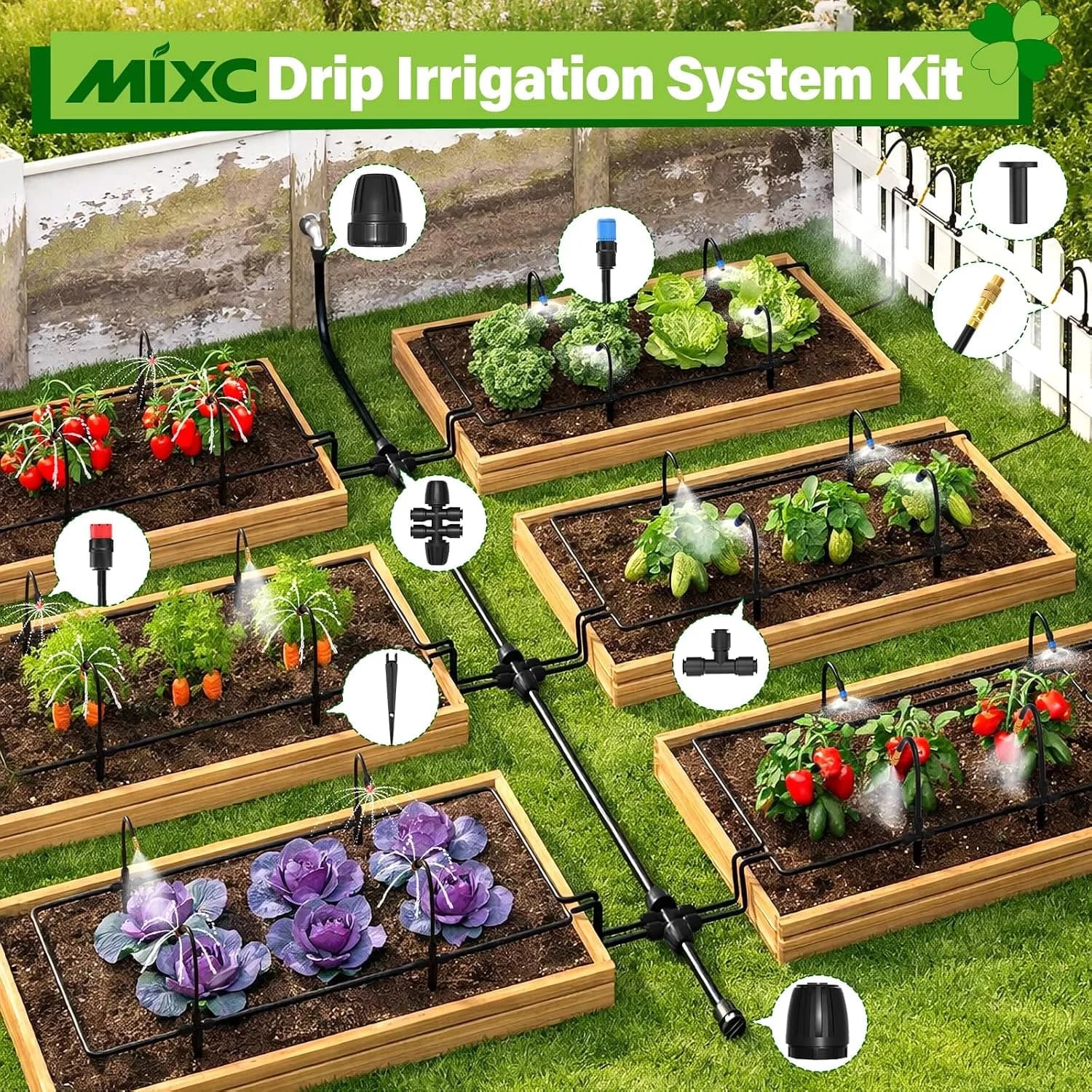 IrriNex 200 ft Garden Misting and Cooling Kit 33FT Main Tube+100FT 1/4" Tube+16pcs Emitters option