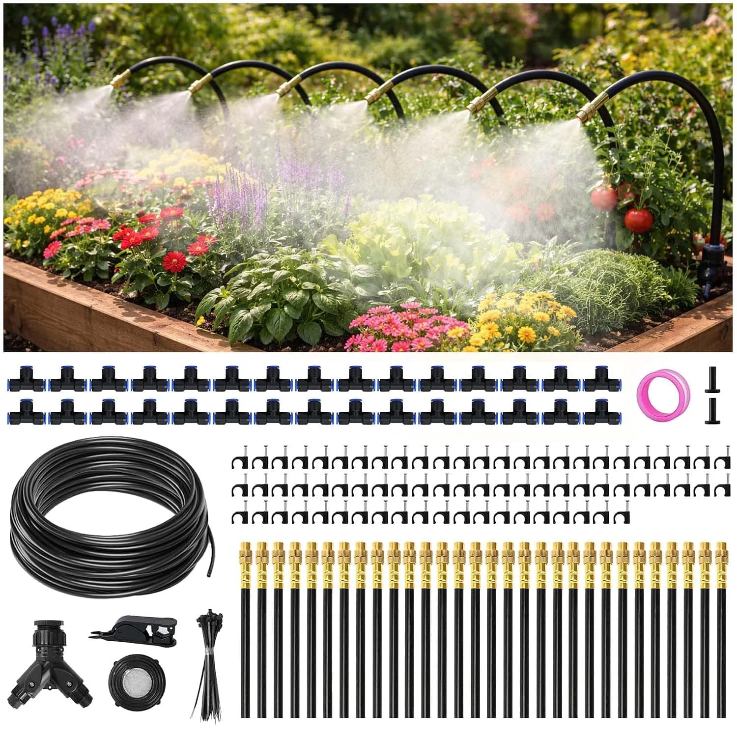 IrriNex 100 ft Quick-Connect Garden Misting and Cooling Kit with 2-Zone Timer
