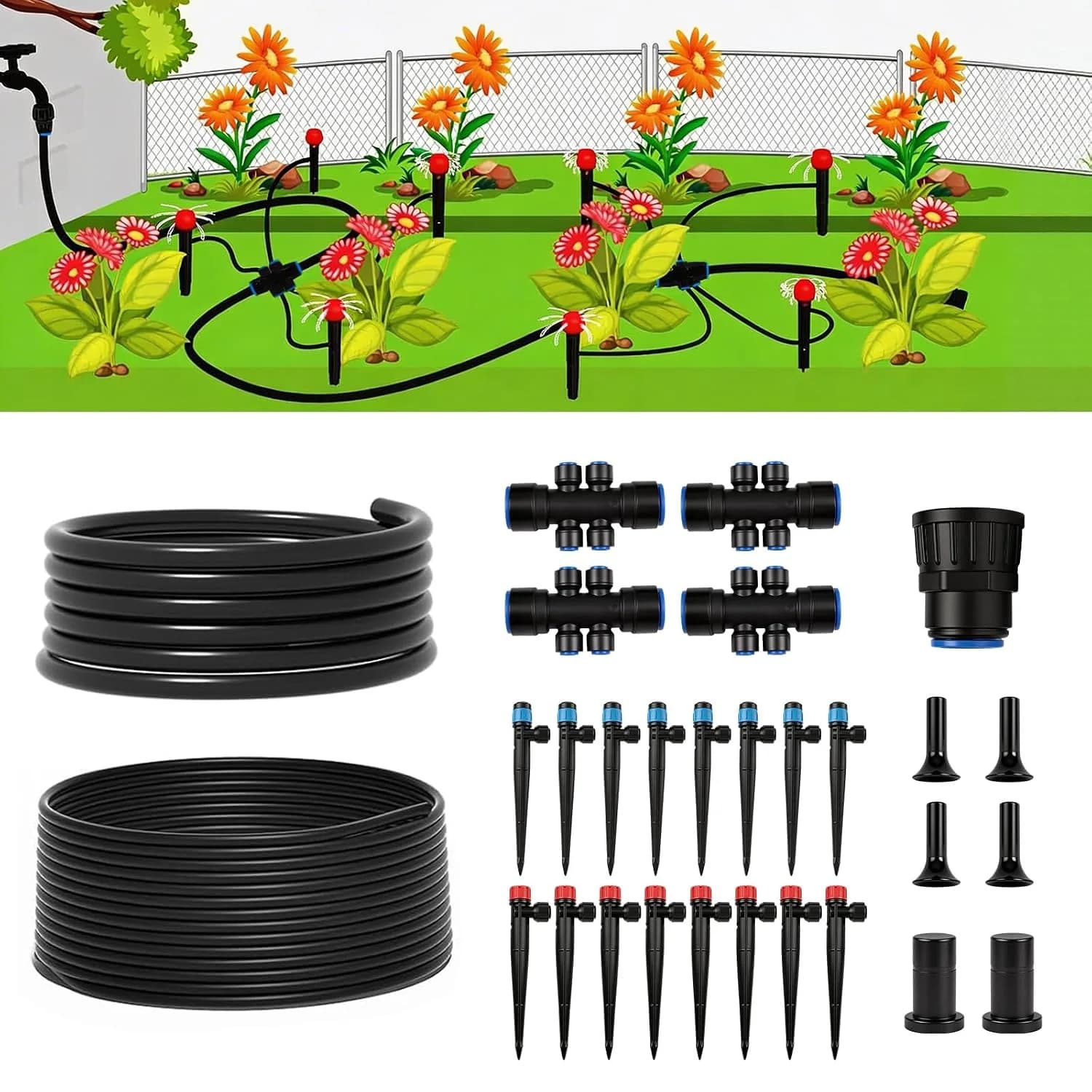 IrriNex 100 ft Quick-Connect Drip Irrigation System Kit with 1/2-inch Tubing