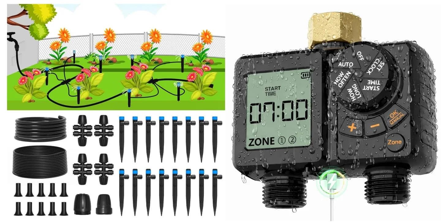 IrriNex 95 ft Quick-Connect Drip Irrigation System Kit with 2-Zone Timer