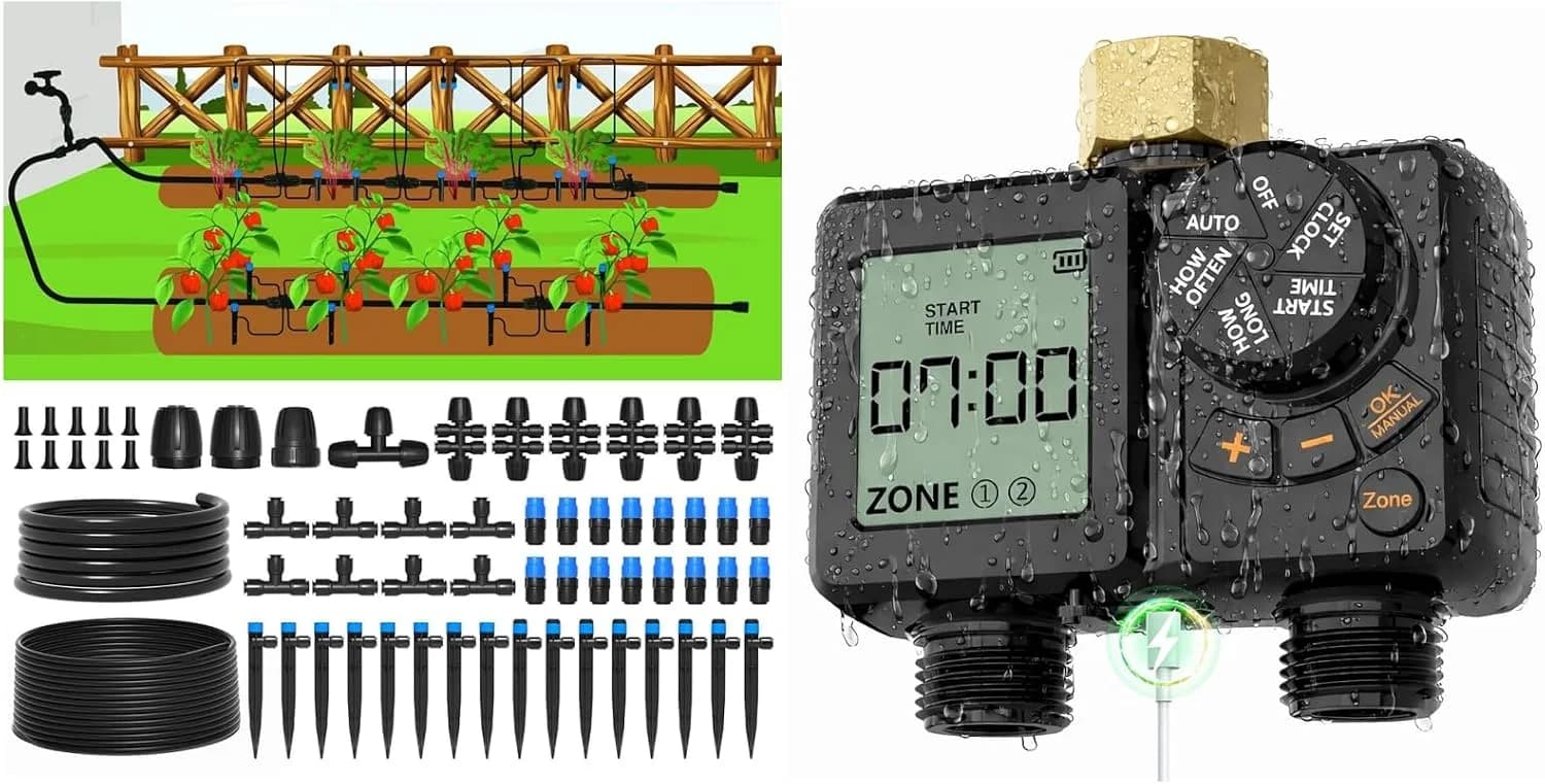 IrriNex 230 ft Quick-Connect Drip Irrigation System Kit with 2-Zone Timer
