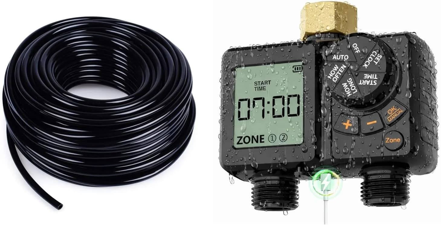 IrriNex 100 ft Drip Irrigation System Kit with 2-Zone Timer