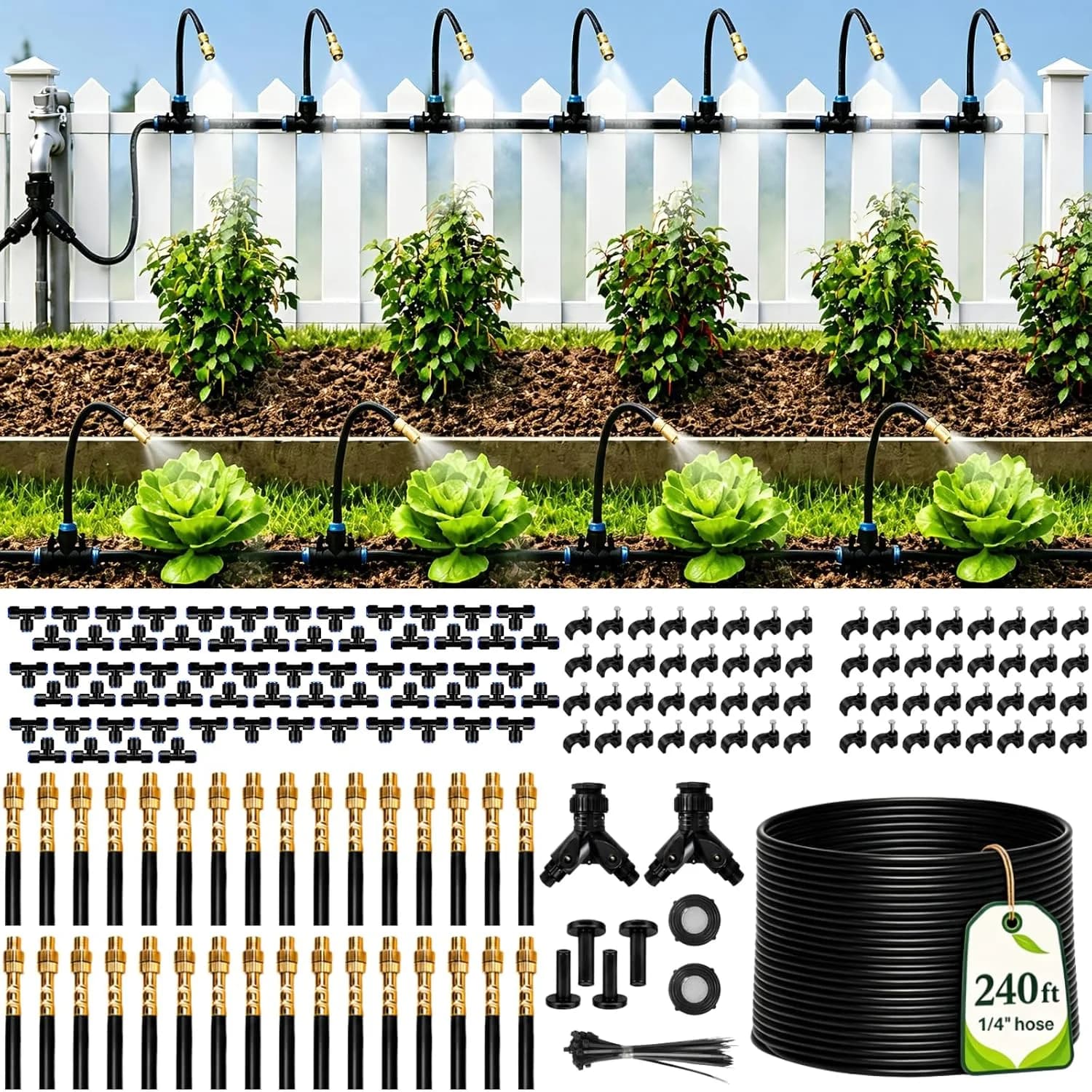 IrriNex 240 ft Quick-Connect Drip Irrigation System Kit with 1/4-inch Tubing