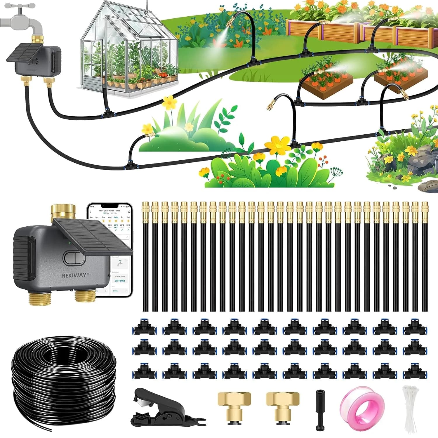 IrriNex 120 ft Drip Irrigation System Kit with Smart Timer – Model IRK-HNLYTG