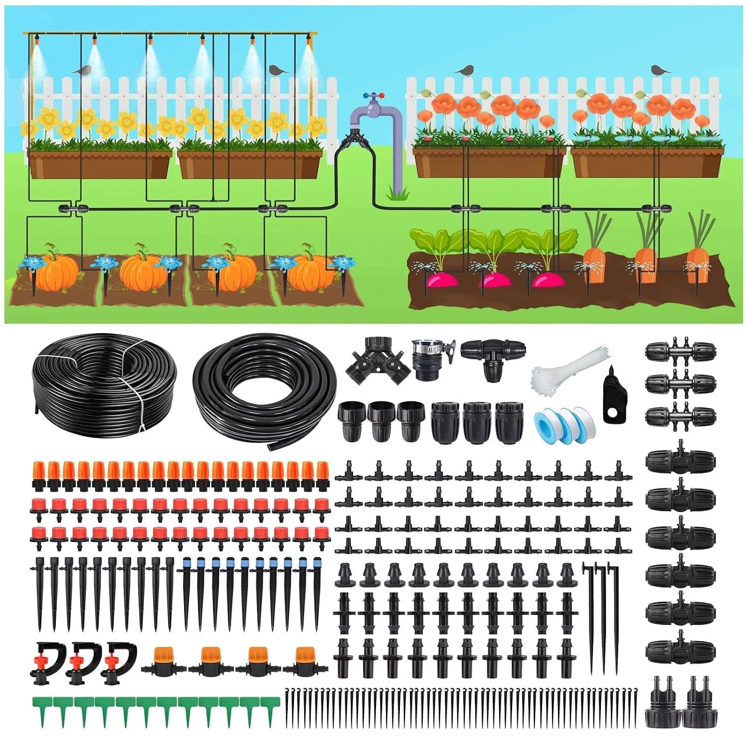 IrriNex 164 ft Drip Irrigation System Kit with 1/4-inch Tubing