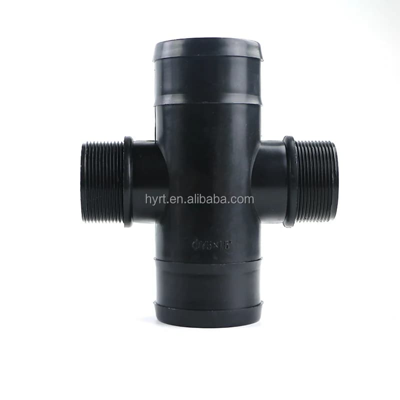 אביזר צלב לצינור שטוח Layflat עם תבריג זכר ביציאה האמצעית להשקיה חקלאית