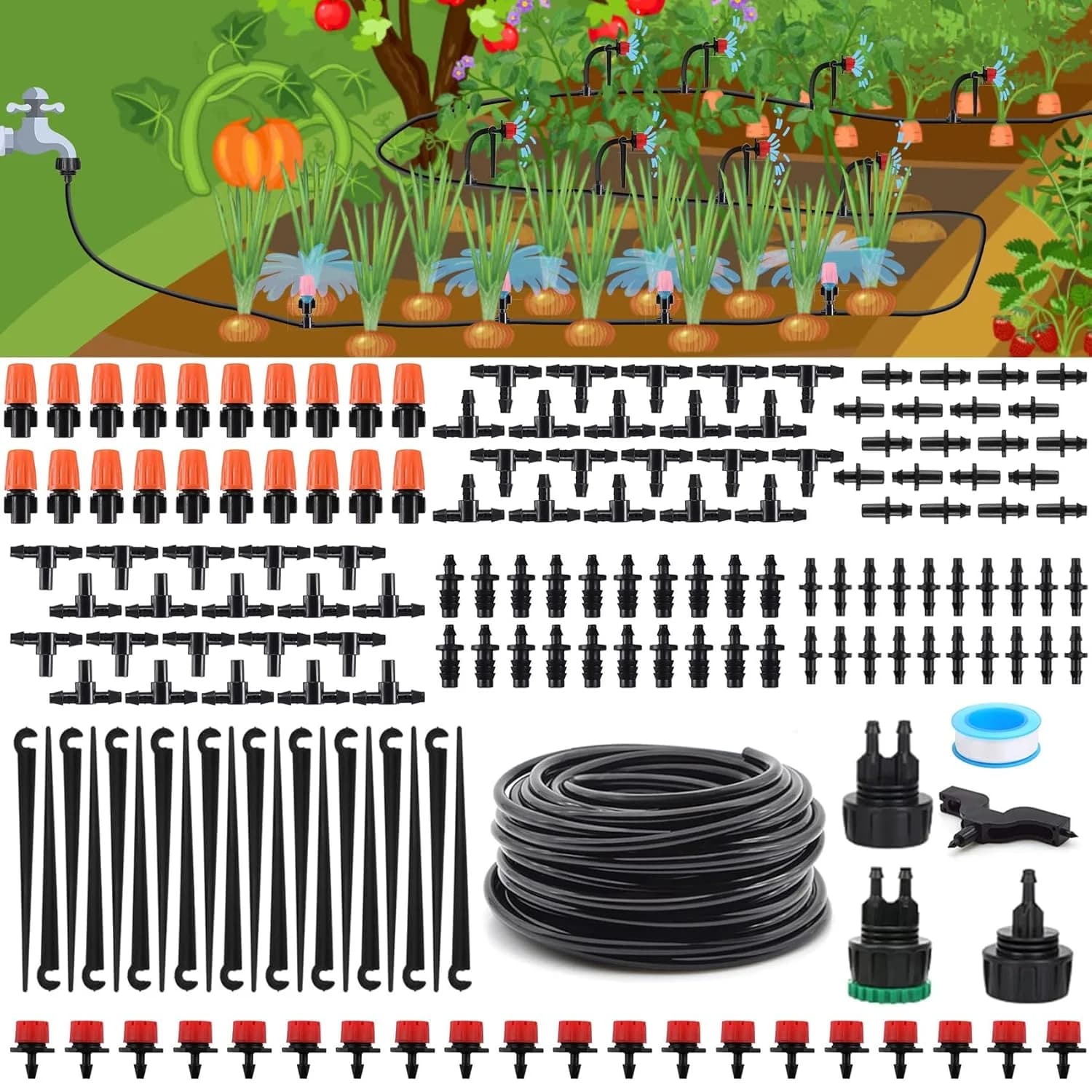IrriNex Garden Drip Irrigation System Kit with 1/4-inch Tubing
