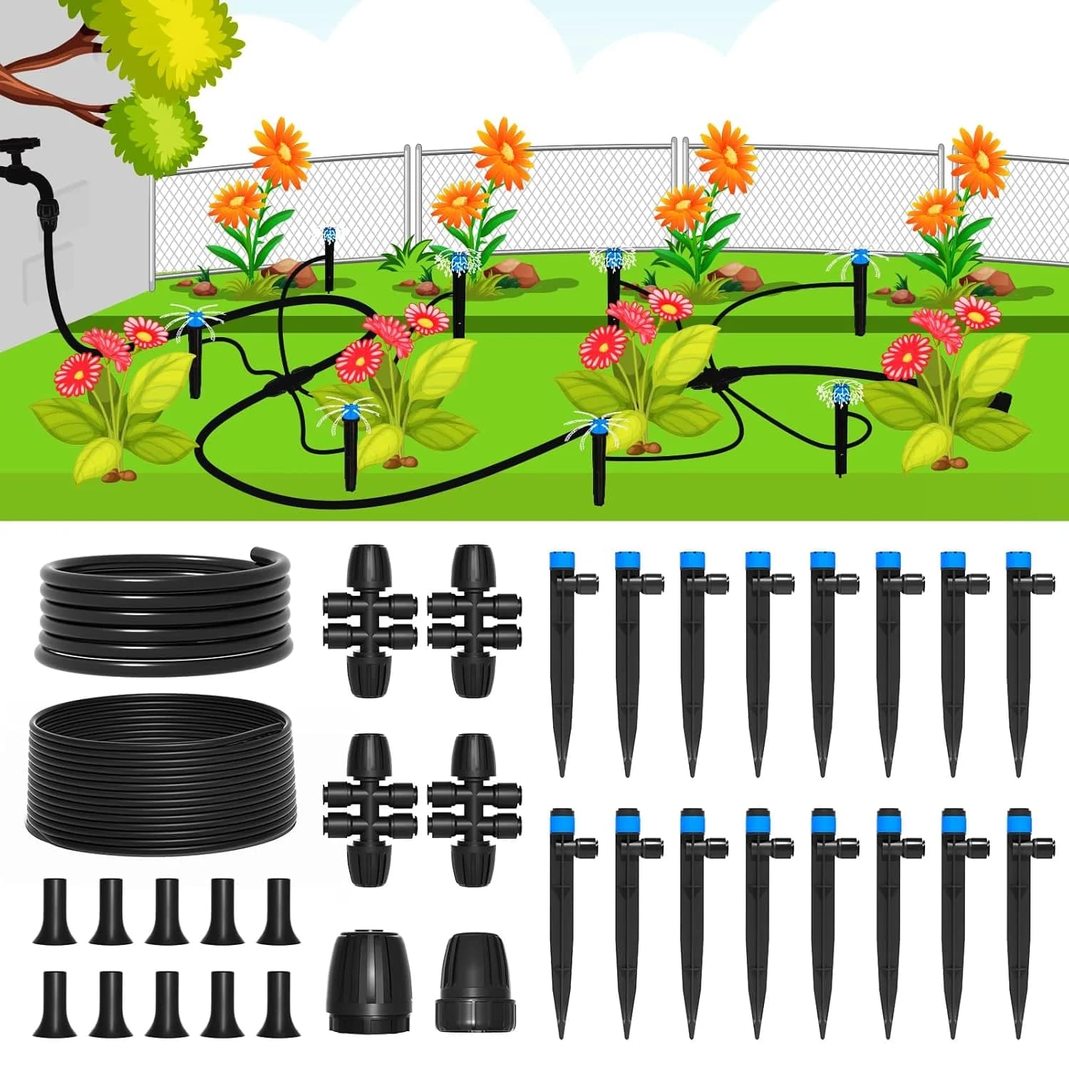 IrriNex 16 ft Quick-Connect Garden Sprinkler System Kit with 1/4-inch Tubing