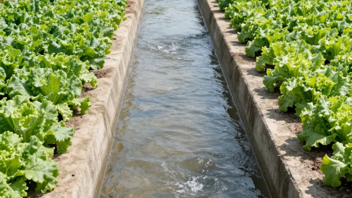 Clean irrigation water flowing past a green crop field — water quality and filtration for drip irrigation