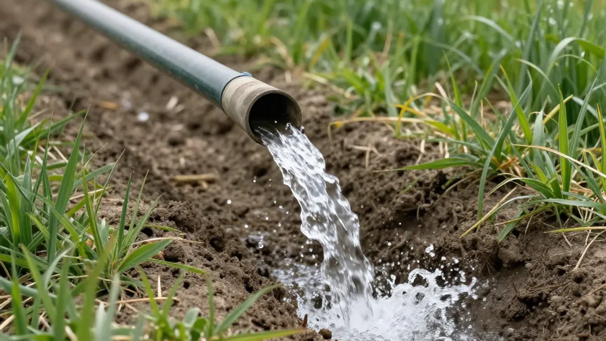 Clean water flushing from the open end of a drip irrigation lateral into a field furrow