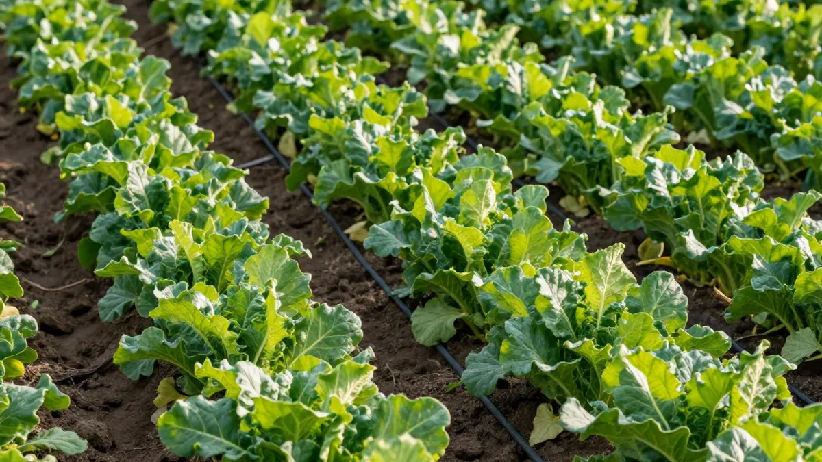 A lush field of healthy green crops with drip lines — the result of well-managed fertigation