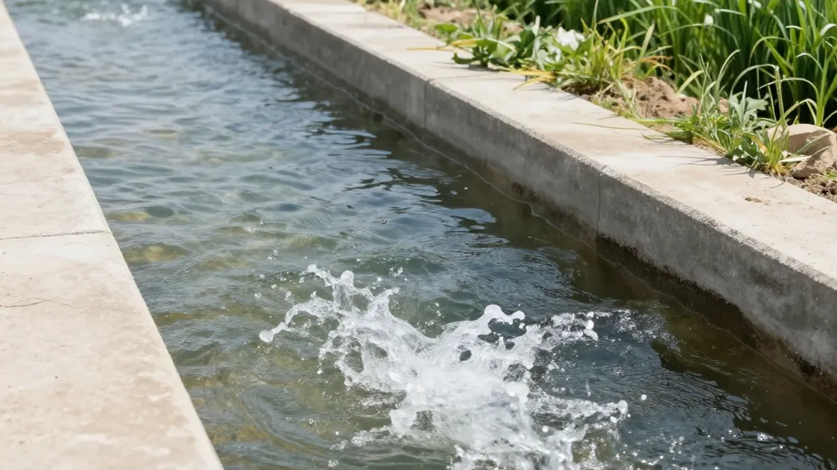 Eau d’irrigation propre s’écoulant dans un canal près d’un champ vert