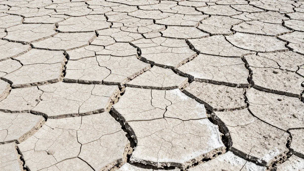 Cracked dry saline agricultural soil with a thin white salt crust on the surface