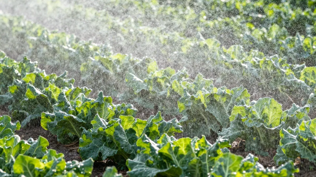 Fine water spray from micro spray tape over a leafy green vegetable field